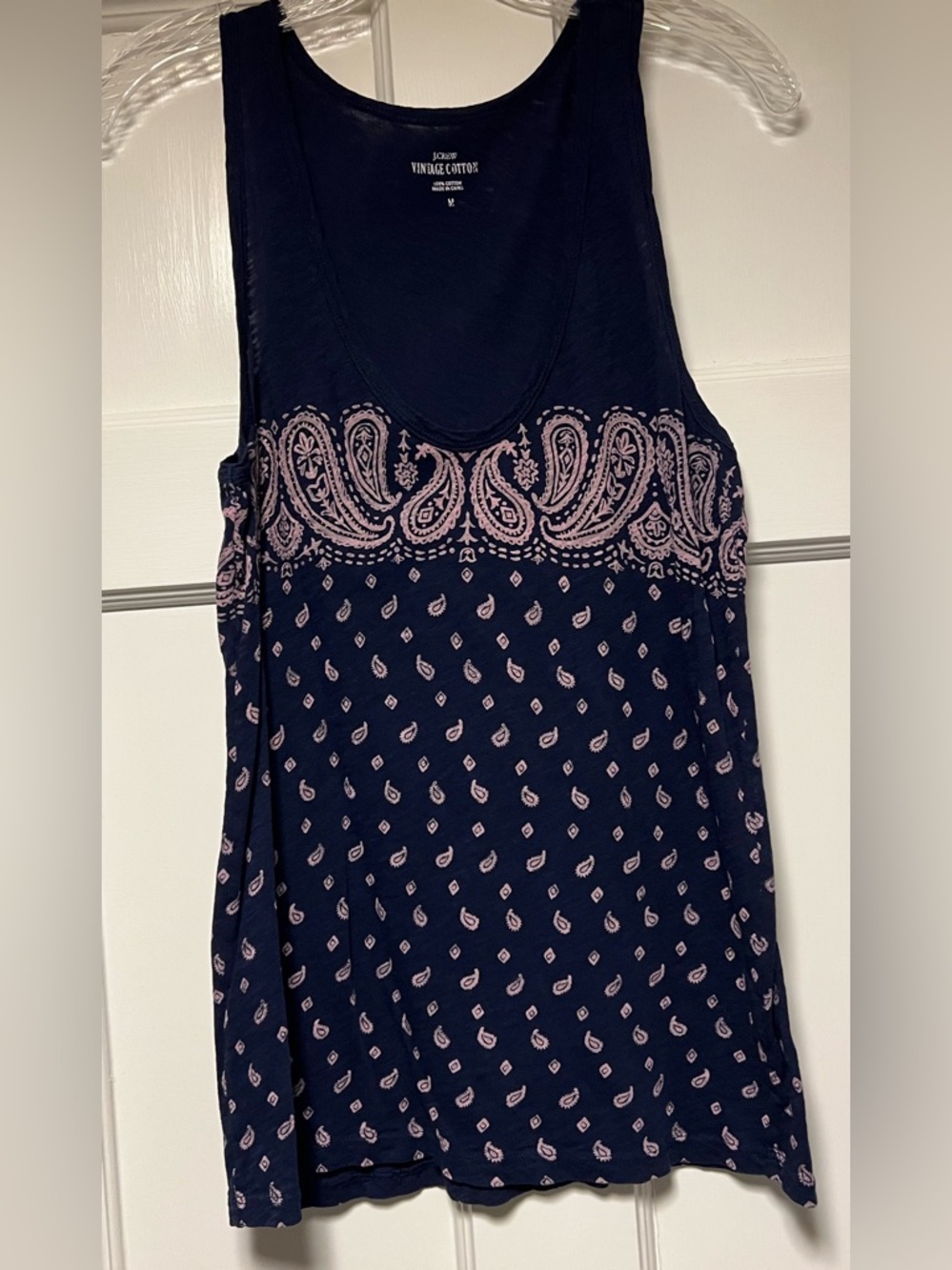 J. Crew navy tank top with pale pink paisley design